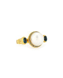 Flamenco 18k Gold Pearl & Blue Sapphire Ring, Size 7
