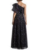 Violet-Print Organza Ball Skirt, Black/Purple 