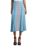 Button-Front Printed Silk Midi Skirt, Blue/Multi