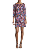 Printed 3/4-Sleeve A-Line Dress, Blue/Black/Multi