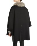 Wool-Blend Cape w/ Fox Fur Collar, Black/Navy