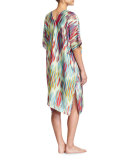 Waterfall Ikat-Print Short Lounge Caftan, Bright Blue/Multi