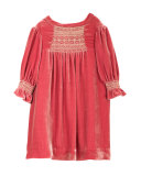 Embroidered Silk Velvet Shift Dress, Fuchsia, Size 3-8