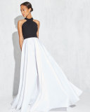 Crisscross-Halter Colorblock Gown, Black/Ivory