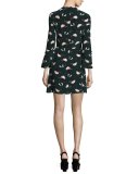 Bell-Sleeve Floral A-Line Dress, Black/Green/Multicolor