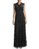 Sleeveless Button-Front Lace-Overlay Gown