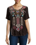 Dani Short-Sleeve Embroidered Velvet Tee, Coffee  