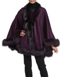 Cashmere Cape with Fox Fur Trim, Aubergine