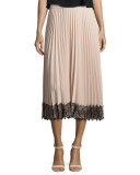 Pleated Lace-Trim Midi Skirt, Poudre