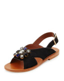 Jeweled Calf-Hair Flat Slingback Sandal, Black