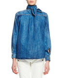 Long-Sleeve Tie-Neck Blouse, Denim