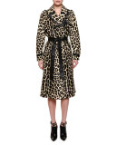 Belted Leopard-Print Fur Trenchcoat, Black