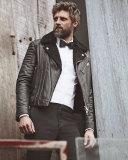 Leather Shearling Fur-Lined Moto Jacket, Black