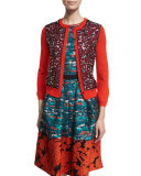 3/4-Sleeve Sequin-Front Cardigan, Poppy/Navy