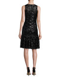 Sleeveless Sequined Lace Mesh Dress, Black