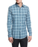 Washed Large-Plaid Twill Sport Shirt, Aqua