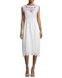 Sleeveless Garden-Embroidered Midi Dress, Snow