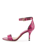 Suri Snakeskin Ankle-Wrap Sandal, Fuchsia