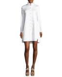 Long-Sleeve Belted Sateen Shirtdress, White