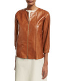 Wylie Lacquered Lambskin Zip-Front Jacket, Medium Brown