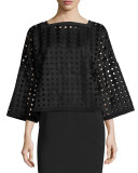 3/4-Sleeve Circle Lace Popover Top, Black