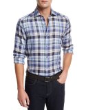 Plaid Linen Sport Shirt, Medium Blue Check
