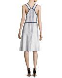 Sleeveless Fit-and-Flare Dash Dress, White/Navy