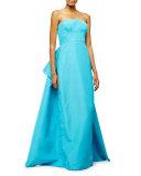 Strapless Pleated-Back Gown, Aqua