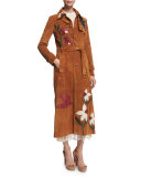 Suede Trench Coat W/Leather Patchwork, Cognac