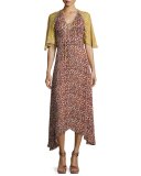 Silk Animal-Print Midi Dress, Pumice