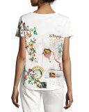 Postcard-Print Scoop-Neck Tee, White