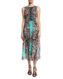 Sleeveless Floral-Print Tulle Midi Dress