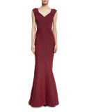 Cap-Sleeve Floral-Print Sweetheart Gown, Red/Multi