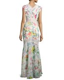 Sleeveless Floral Chiffon Column Gown, White/Multicolor