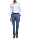 Heathered Solid Flat-Front Trousers, Blue
