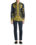 Baroque & Star Printed Long-Sleeve Silk Shirt, Navy