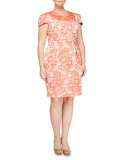 Rose-Jacquard Cap-Sleeve Dress, Coral, Women's