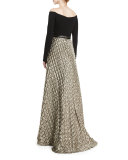 Off-the-Shoulder Jersey & Satin Jacquard Gown, Black/Gold