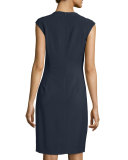 Cap-Sleeve Round-Neck Sheath Dress, Navy