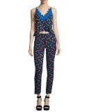 Sakura Cropped Floral Skinny Pants, Navy