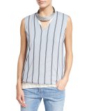 Monili-Striped Silk V-Neck Top, Light Blue
