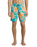 Okoa Octopus-Print Swim Trunks, Blue/Orange