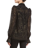 Cage-Print Tie-Neck Silk Blouse, Black/Gold