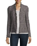 Patchwork-Houndstooth Fringe-Trim Jacket