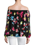 Tessa Off-the-Shoulder Floral Georgette Tassel Top, Black