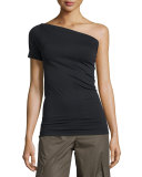 One-Shoulder Stretch-Knit Tee, Black