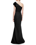 One-Shoulder Ruched Ponte Mermaid Gown, Nero