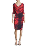 3/4-Sleeve Floral Tie-Dye Cocktail Dress, Winter Blossom Red