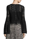 Bell-Sleeve Boxy Patterned Lace Top, Black