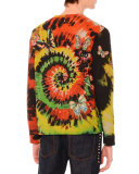 Butterfly-Embroidered Long-Sleeve Tie-Dye T-Shirt, Green Multi